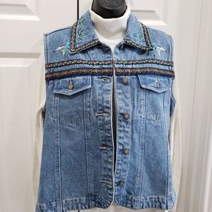 Vintage Jean/Denim Vest Embroidered w/Rhinestones